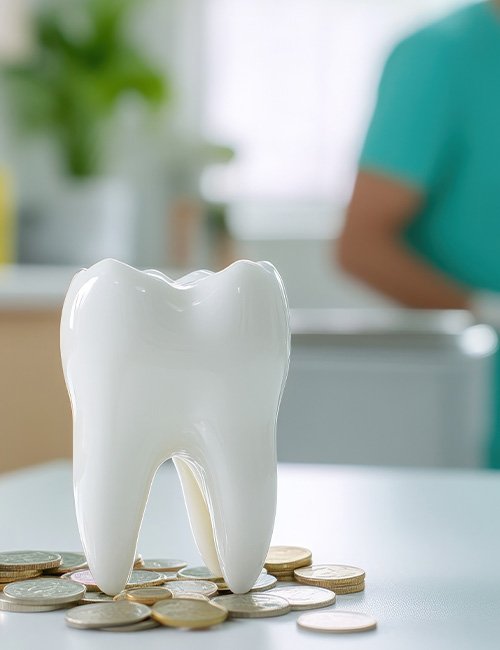 Model tooth on pile of coins with dentist blurry in background