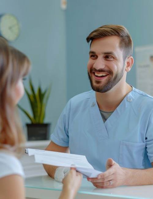 Dental team member and patient standing at dental office front desk